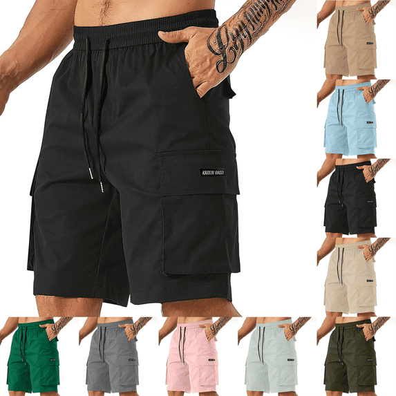 Mens Cargo Shorts Solid Color Straight Buttons Multi Pockets Elastic Waist Casual Outdoor Beach Gym Workout Shorts Size M-3XL