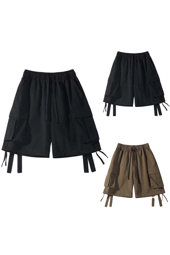 Mens Cargo Shorts Summer Vintage Retro Techwear with Streamer Design Loose Fit 5 Inch Casual Shorts Black L