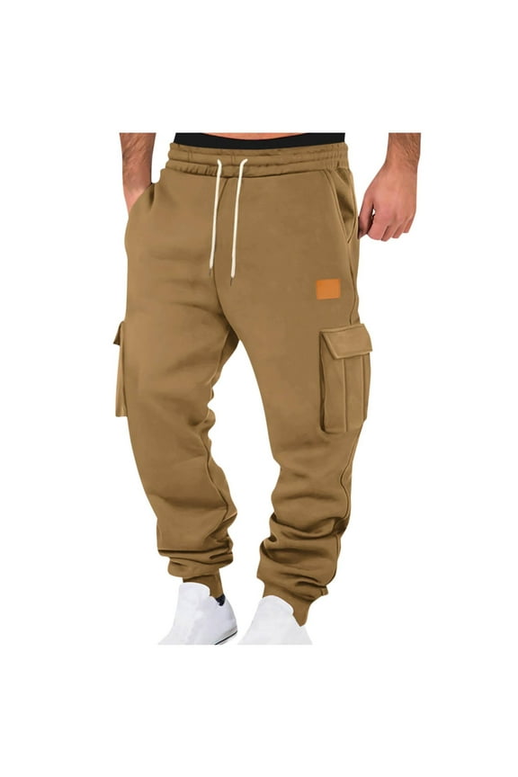 Mens Cargo Sweatpants Casual Solid Color Joggers Pants Workout Athletic Elastic Waist Track Pants with Pockets, Brown, M