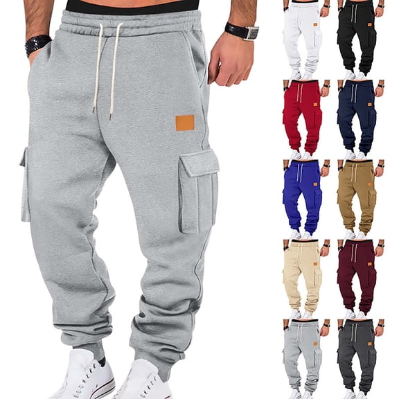 Mens Cargo Sweatpants Heavyweight Drawstring Joggers Workout Active Running Pants Baggy Trousers with Pockets White XL