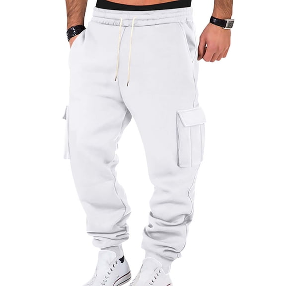 Mens Cargo Sweatpants Heavyweight Elastic Waist Pants with Pockets Baggy Drawstring Jogger Pants White L
