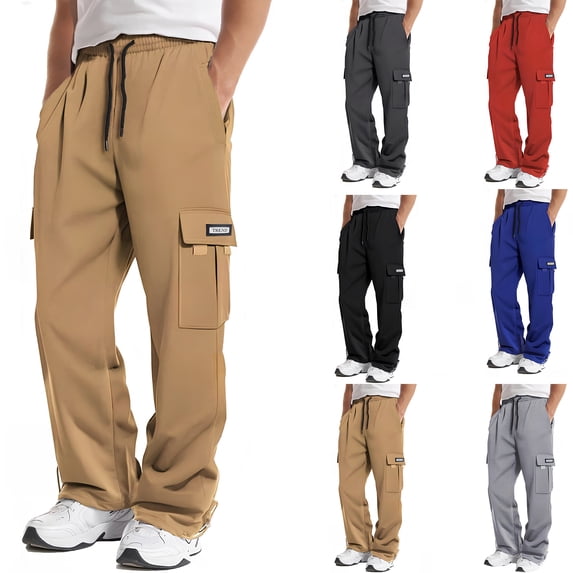 Mens Cargo Sweatpants - Open Bottom Fleece Baggy Plus Size Drawstring Waist with Pockets Athletic Joggers for Hiking & Workout Blue L