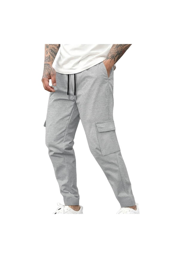 Mens Cargo Sweatpants Waffle Knit Pants Elastic Waist Drawstring Jogger Sweatpants Lightweight With Multi-Pockets