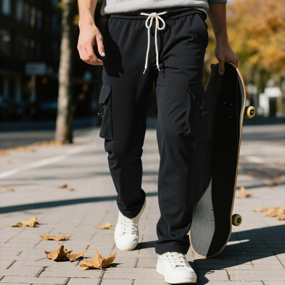 Mens Cargo Sweatpants Workout Joggers Open Bottom Drawstring Elastic Waist Long Pants with Pockets Black M