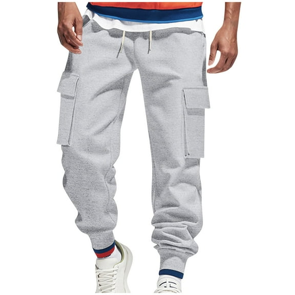 Mens Cargo Sweatpants with Multi Pockets Drawstring Elastic Waist Cinched Bottom Joggers Outdoors Hiking Pants (XL, Gray)