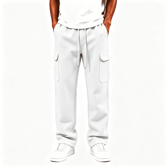 Mens Cargo Sweatpants with Multiple Pockets Elastic Waist Drawstring Casual Fashion Relaxed Fit Wide Leg Joggers White 2XL