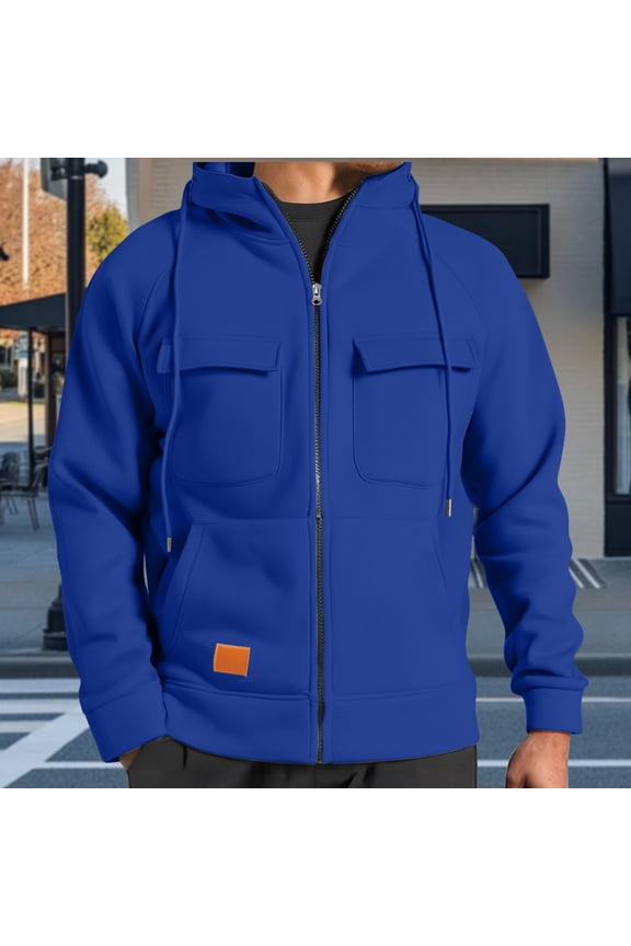Mens Cargo Sweatshirt Jackets with Multi Pockets Drawstring Full Zip Up Hoodie Outdoors Hiking Sports Coats (L, Blue)