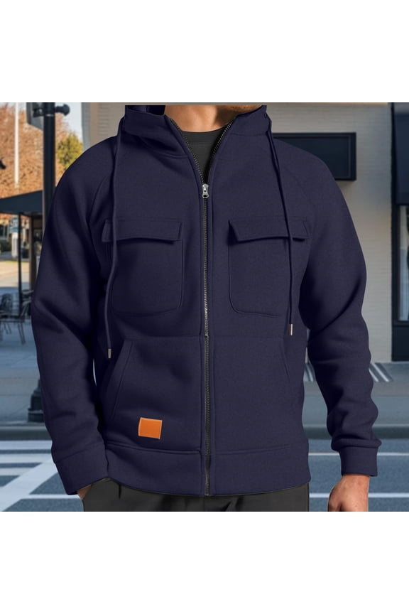 Mens Cargo Sweatshirt Jackets with Multi Pockets Drawstring Full Zip Up Hoodie Outdoors Hiking Sports Coats (M, Navy)