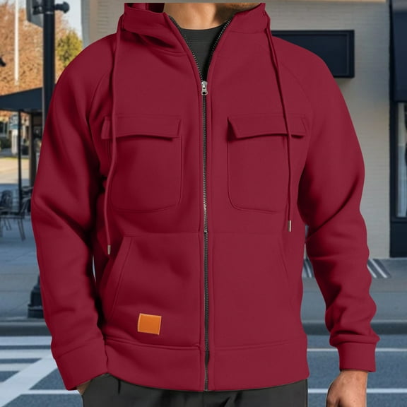 Mens Cargo Sweatshirt Jackets with Multi Pockets Drawstring Full Zip Up Hoodie Outdoors Hiking Sports Coats (XL, Wine)