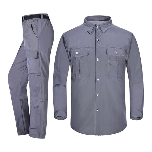 Mens Cargo Tracksuits Long Sleeve Button Down Shirt with Hiking Pants Quick Dry Outdoor Jogging Suits with Pockets