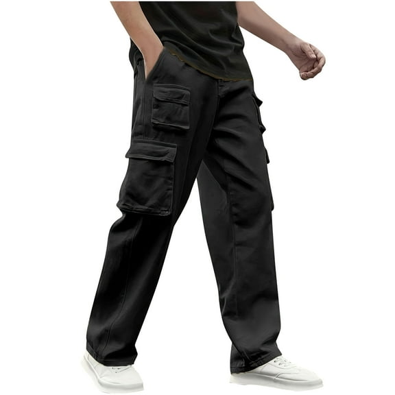 Mens Cargo Trousers Cotton Work Trouers with Elasticated Waist Black XL