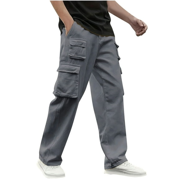 Mens Cargo Trousers Cotton Work Trouers with Elasticated Waist Gray L