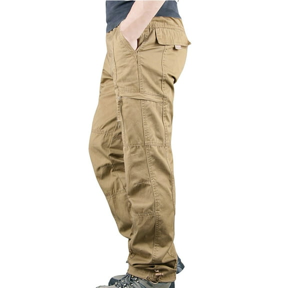 Mens Cargo Trousers Elastic Waist Men Work Trousers with Pocket Cargo Joggers Men Khaki XL