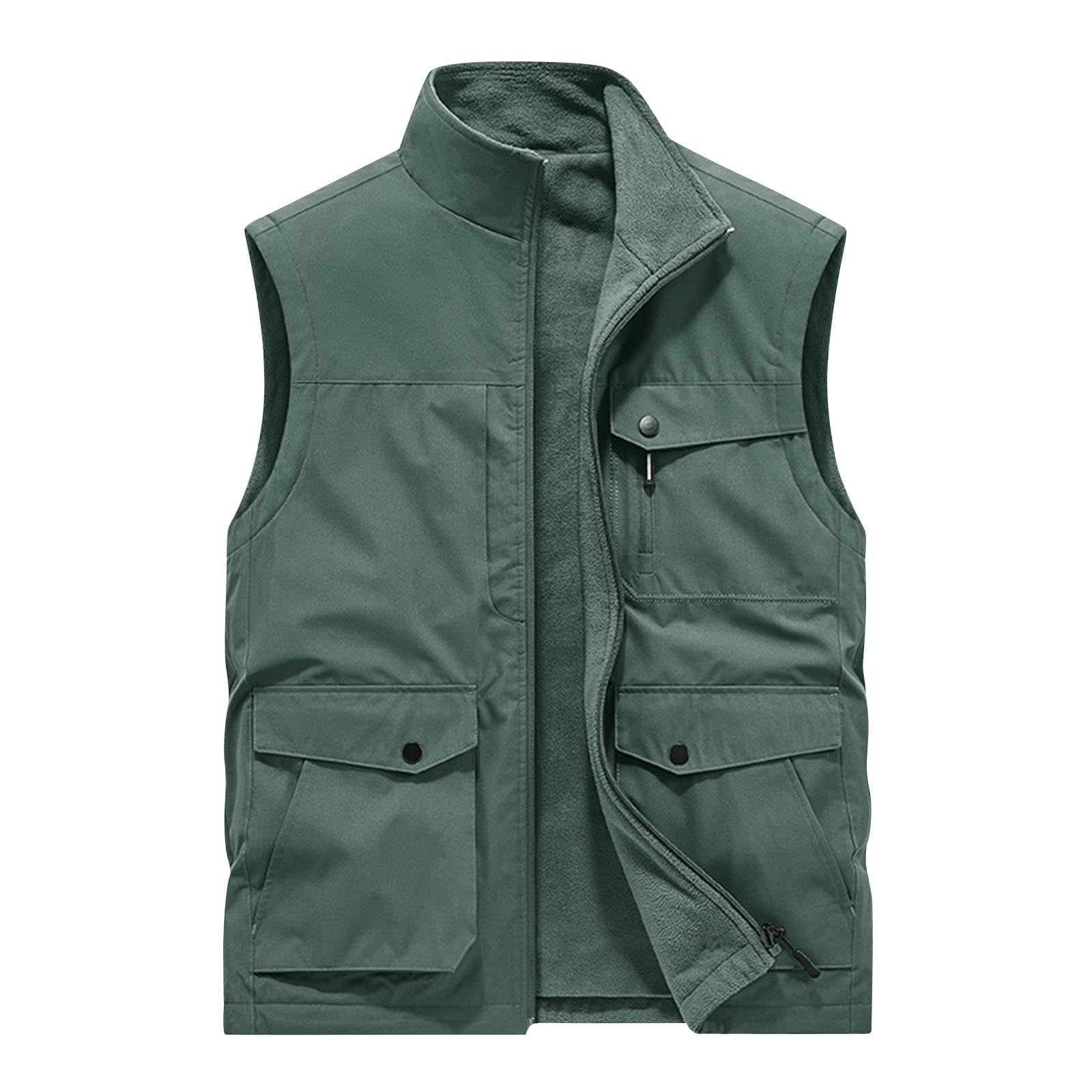 Mens Cargo Utility Safari Vest Fleece Lined Waistcoat Jacket Stand