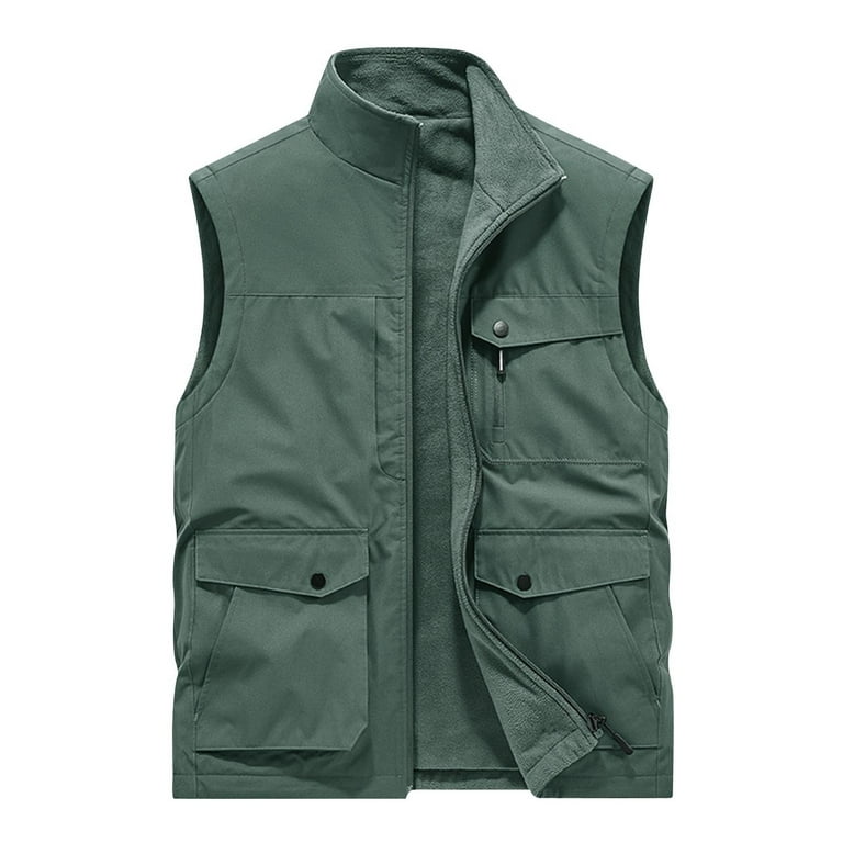 Mens Cargo Utility Safari Vest Fleece Lined Waistcoat Jacket Stand