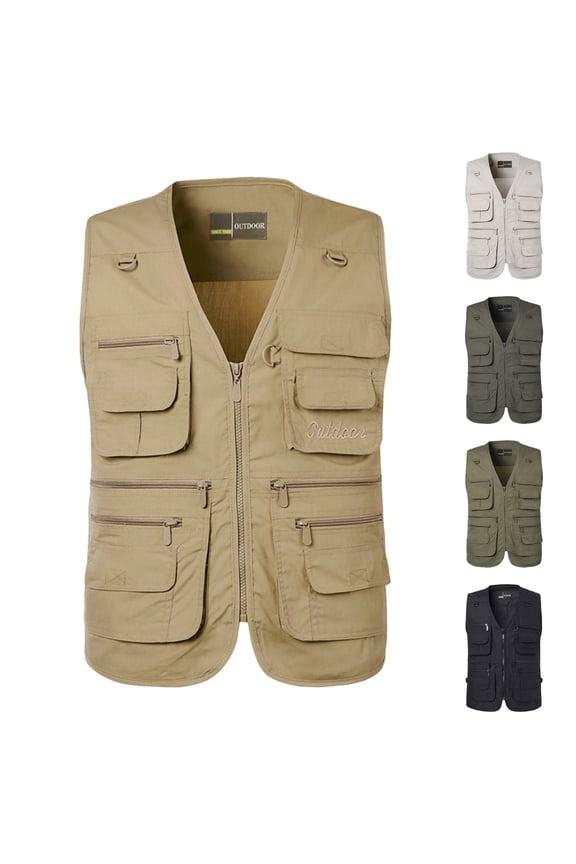 Mens Cargo Vest Outdoor Sport Workout Jacket Men's Big&Tall Work Jacket Multi-Pockets Sleeveless V-Neck Outdoor Sports Jacket Coat Khaki 4XL