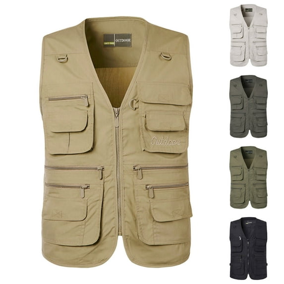 Mens Cargo Vest Outdoor Sport Workout Jacket Men's Big&Tall Work Jacket Multi-Pockets Sleeveless V-Neck Outdoor Sports Jacket Coat White XL
