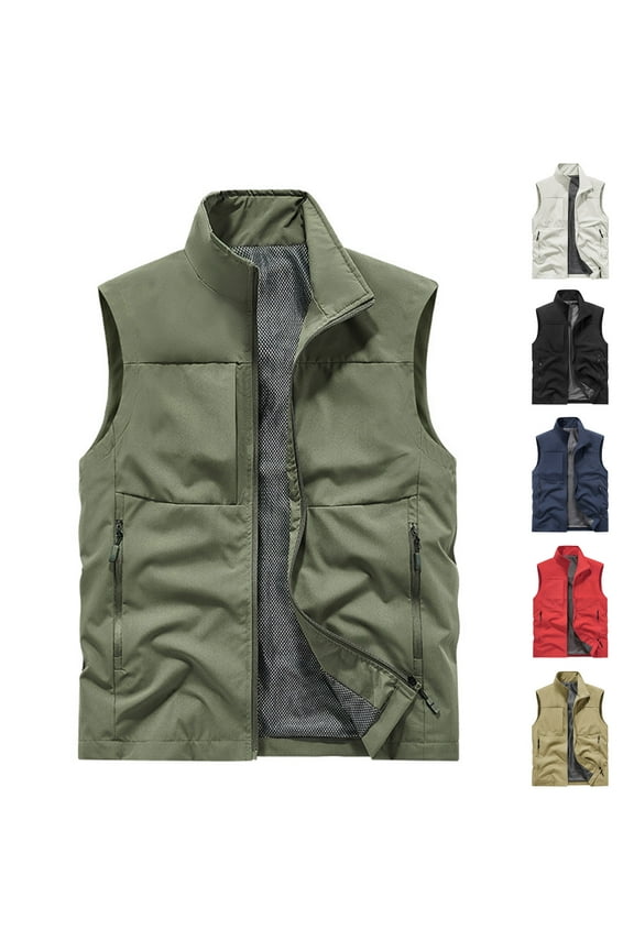 Mens Cargo Vest Outdoor Sport Workout Jacket Men's Casual Big&Tall Solid Color Sleeveless Stand-up Collar Top Waistcoat Outerwear Black XXL