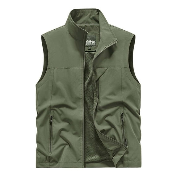 Mens Cargo Vest Sleeveless High Neck Lightweight Vest Jacket Casual Fishing Vest Golf Travel Outwear Sportwear Workout Tops for Men, Army Green (3X-Large)