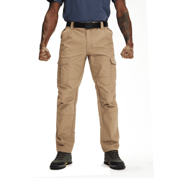 Men's Cargo Tactical Pants with Elastic Waist, Outdoor Hiking Pants, KHaki 30W×30L
