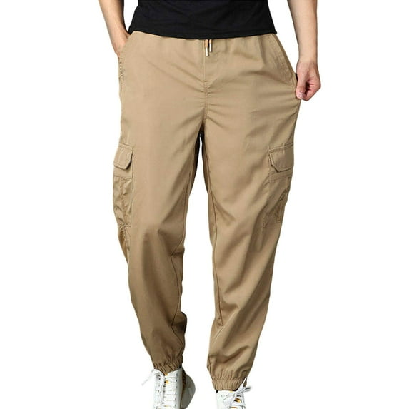 Mens Cargo Work Trousers Lightweight Cotton Casual Jogger Elastic Waist Drawstring Outdoor Pants with Pockets Khaki L