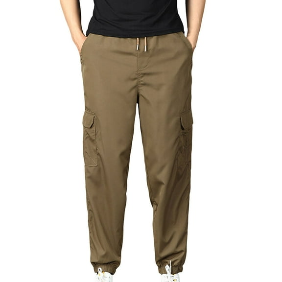 Mens Cargo Work Trousers Lightweight Cotton Casual Jogger Elastic Waist Drawstring Outdoor Pants with Pockets Yellow M