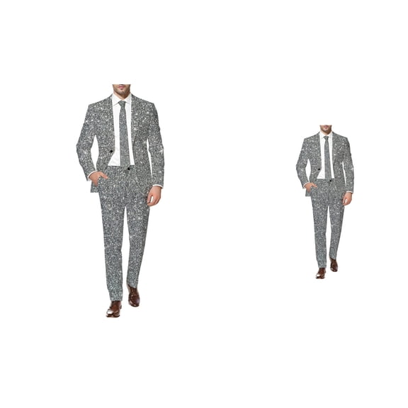 Mens Carnival 3D Digital Printed Shiny Sequin Party Prom Disco Clubwear Tuxedo 2 Piece Suit Set Classic Fit Light Business Suit Jacket Trousers Set