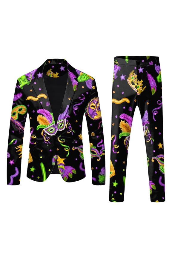 Mens Carnival 3D Digital Printed Suit Set Light Business Suit Jacket Trousers Set