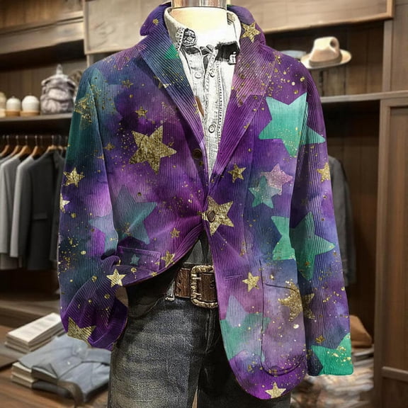 Mens Carnival Jacket Blazer Corduroy Mask Feather Print Slim Fit 2 Button Holiday Mar-di Gras Party Business Office Sport Coat