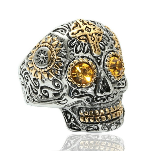 Mens Carved Skull Ring Vintage Titanium Steel Ghost Head Green Eye Gold Plated Polished Durable Jewelry Accessories