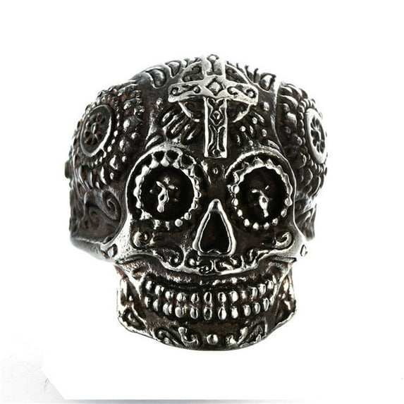 Mens Carved Skull Ring Vintage Titanium Steel Ghost Head Green Eye Gold Plated Polished Durable Jewelry Accessories