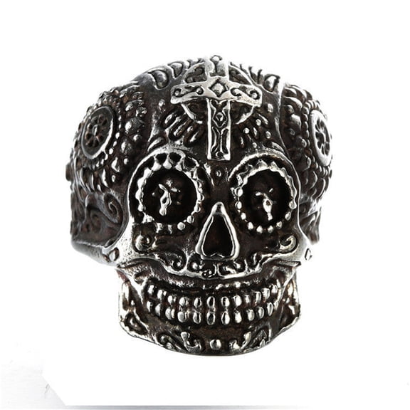 Mens Carved Skull Ring Vintage Titanium Steel Ghost Head Green Eye Gold Plated Polished Durable Jewelry Accessories
