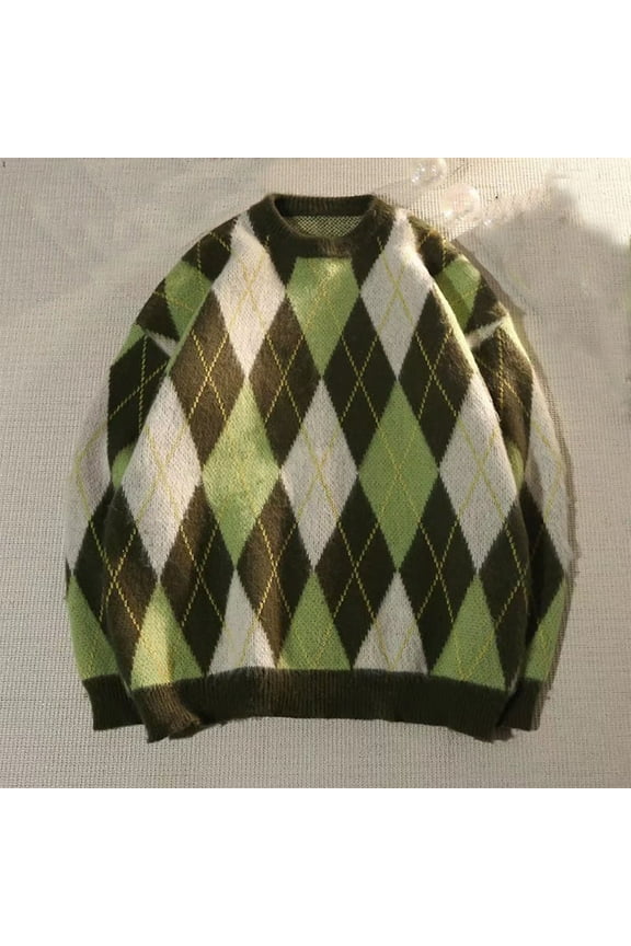 Mens Casual Argyle Sweater Loose Crewneck Pullover Long Sleeve Knitted Tops for Teen Boy Holiday Graphic Sweaters