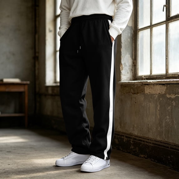 Mens Casual Athletic Straight Leg Trousers Side Color Block Stripe Drawstring Elastic Waist Sweatpants With Pockets XL