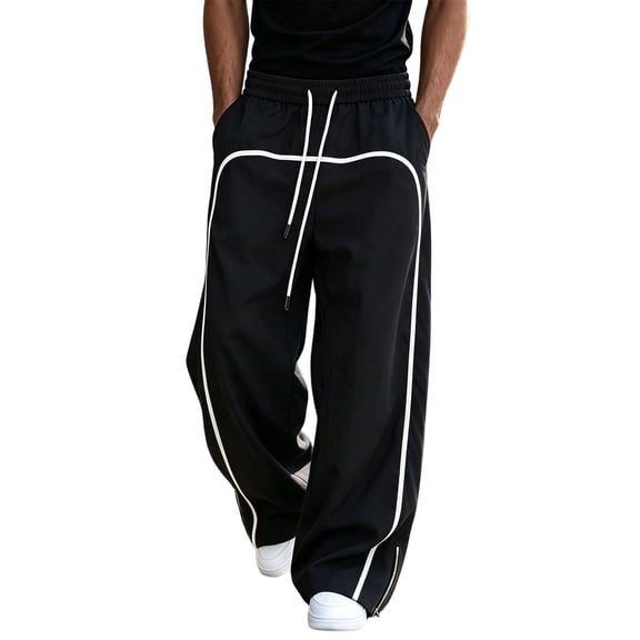 Mens Casual Baggy Cargo Pants Wide Leg Sweatpants Workout Track Pants Lightweight Breathable,Nylon Polyester Blend, Streetwear Y2k, Drawstring Elastic Waist,White Side Stripe,Zipper Hem