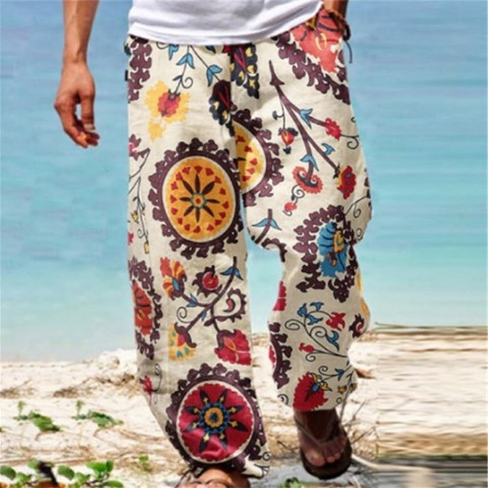 Mens Casual Baggy Harem Pants Elastic Waist Beach Loose Wide Leg Hippy