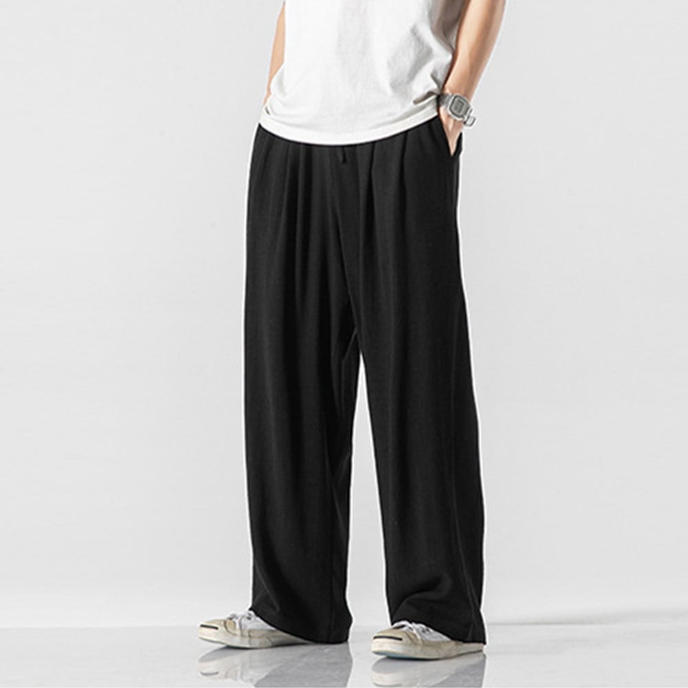Mens Casual Baggy Pants Elastic Waist Loose Soft Trousers Solid Color  Straight