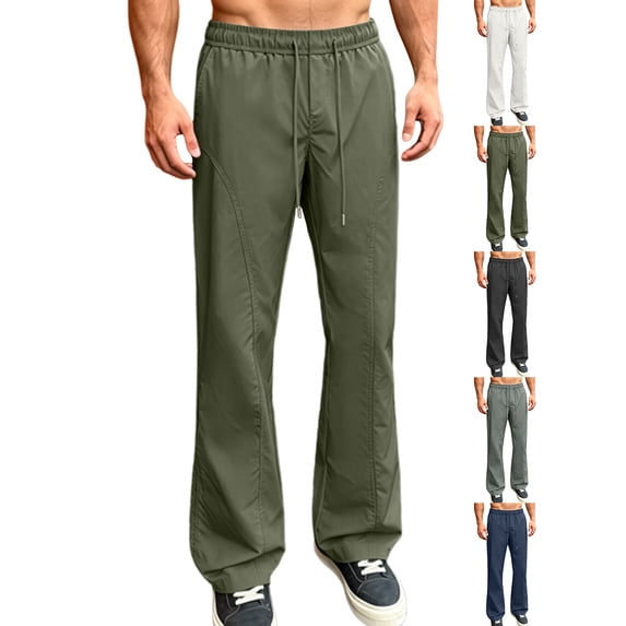 Mens Casual Baggy Pants Solid Color Casual Flared Elastic Waist Drawstring Cargo Pants With Pockets