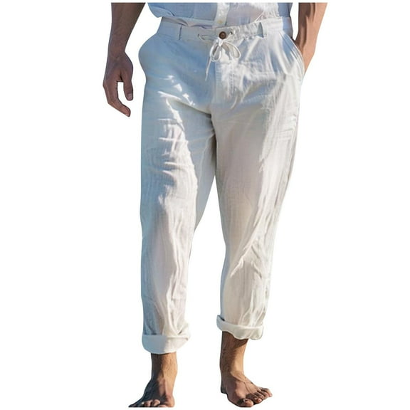 Mens Casual Beach Pants Summer Lightweight Solid Color Loose Fit Pants Drawstring Waist Straight Legs Pants