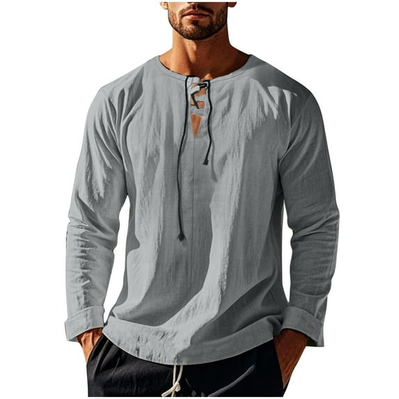 Mens Casual Beach T-Shirts Lace Up V Neck Long Sleeve Blouse Loose Fit Lightweight Solid Color Tops