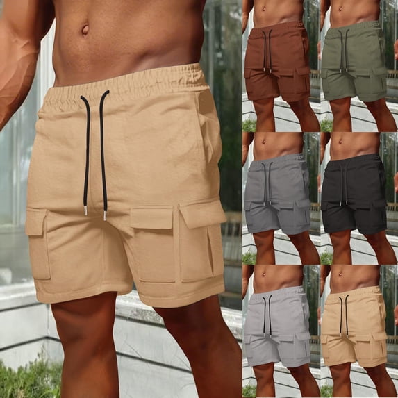 Mens Casual Bermuda Cargo Shorts 9"/10" Inseam Athletic Elastic Waistband Drawstring Summer Quick Dry Lightweight Pants for Travel Running