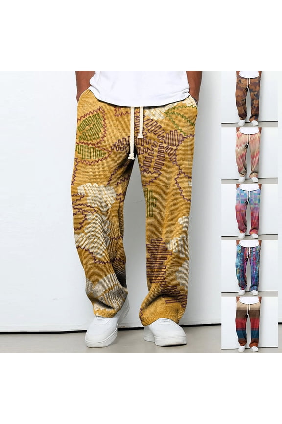 Mens Casual Bohemian Pants Waffle Wide Leg Stripes Patchwork Lightweight Loose-Fit Trendy Pants Beach Trousers with Pockets