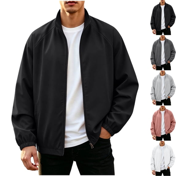 Mens Casual Bomber Jacket Windproof Mock Neck Full Zip Active Classic Fit Windbreaker Coat with Pockets for Fall Winter Streetwear Travel, Black, XXL
