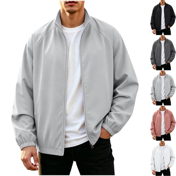 Mens Casual Bomber Jacket Windproof Mock Neck Full Zip Active Classic Fit Windbreaker Coat with Pockets for Fall Winter Streetwear Travel, Gray, L