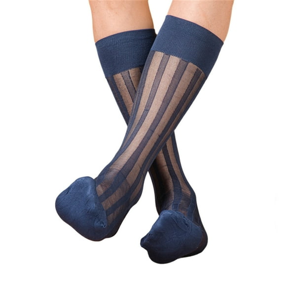 Mens Casual Business Dress Socks Middle Calf Wide Stripe Sheer Nylon Stockings Formal Suit See Through Silk Socks