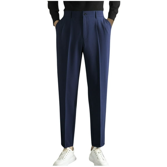 Mens Casual Business Pants Stylish Elastic Waist Classic Fit Straight Leg Dress Pant Lightweight Trousers with Pocket