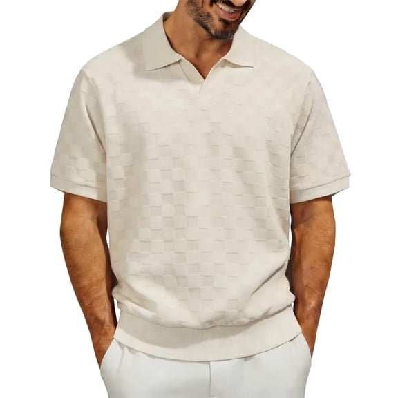 Mens Casual Business Tops Crochet Stitch Lapel Short Sleeve Golf Tees Wedding Work Shirt Fathers Gift