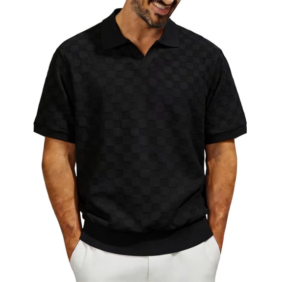 Mens Casual Business Tops Crochet Stitch Lapel Short Sleeve Golf Tees Wedding Work Shirt Fathers Gift