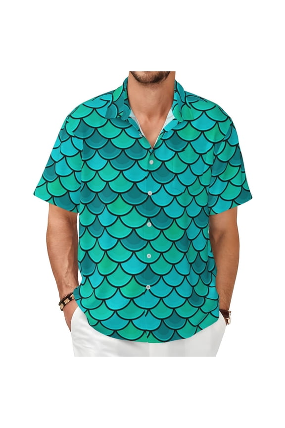 Mens Casual Button Down Shirt Hawaiian Short Sleeve Beach Clothes, Fish Scales Blue Geometric