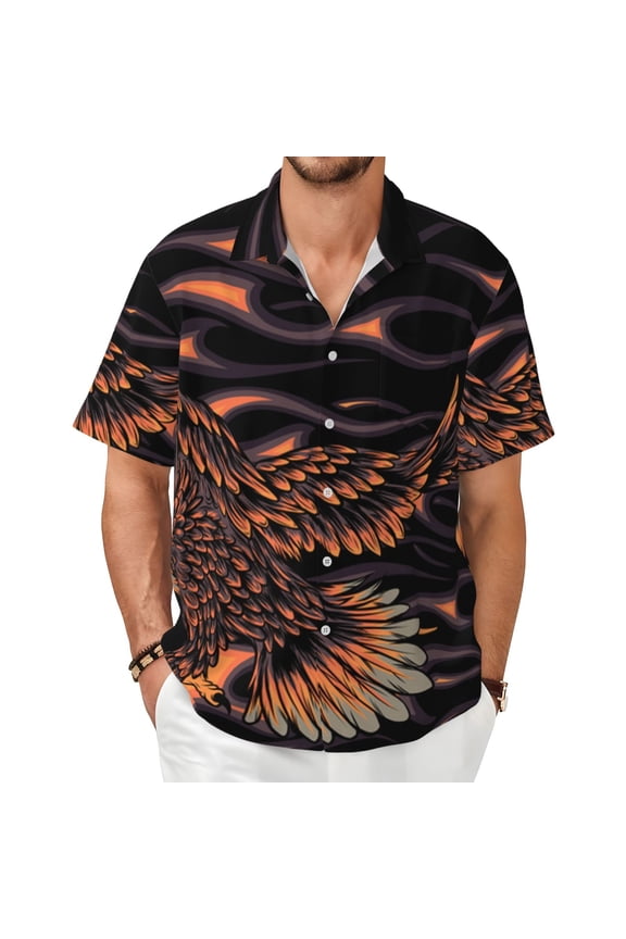 Mens Casual Button Down Shirt Hawaiian Short Sleeve Beach Clothes, Flaming Eagle Fire